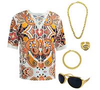 XonyiCos Hippie Hommes Années 70 et 80 Vêtements Disco Chemises Plage Cordon de serrage Imprimé Manches courtes 5 pièces Disco Thème Fête, Blanc., S