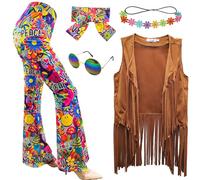 XonyiCos Lot de 6 costumes hippie des années 60 et 70 - Tenue disco - Gilet à franges - Style bohème - Pantalon évasé - Paix - Ensemble d'accessoires pour femme - Costume d'Halloween pour femme -
