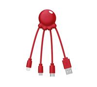 Xoopar Octopus - Câble Multi USB 4 en 1 en Forme de Pieuvre - Chargeur Universel en Plastique Recyclé - Prise USB-C, Lightning, USB-A, Micro USB pour Smartphone - Rouge