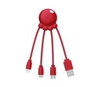 Xoopar Octopus Câble Multi USB 4 en 1 en Plastique Recyclé - Rouge | 4 connecteurs en 1 : USB-A, USB-C, Lightning et Micro USB - pieuvre compacte en plastique recyclé