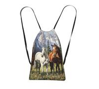 XOPEKVLAWM Sac à dos avec cordon de serrage, sac de sport, sac à dos de montagne, sac à dos de chevaux, sac fourre-tout à cordon pour le sport, Chevaux de pâturage de montagne, One Size, Sac à dos