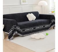 xotoa Housse de canapé en Chenille épaisse, adaptée aux canapés en Forme de L et en U, avec Garniture à Pampilles, adaptée à Toutes Les Saisons(Black,180 * 350cm)