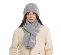 XOUSAEKM Ensemble bonnet et écharpe pour femmes pour l'hiver chaud tricoté avec nœud papillon mignon brodé chapeau et écharpe de rue et chapeaux ensemble chapeaux gants ensembles femmes, gris, Taille