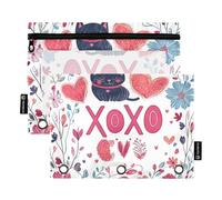 XOXO Lot de 2 grandes trousses à crayons à fermeture éclair avec fenêtre transparente pour la Saint-Valentin, la Saint-Valentin, les chats noirs, grande trousse robuste à 3 anneaux pour bureau, école