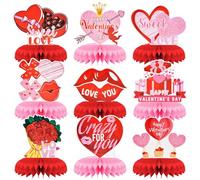 XOXO Lot de 9 centres de table en nid d'abeille pour la Saint-Valentin - Décorations romantiques rouges et roses sur le thème de l'amour, motifs cœurs et baisers pour amoureux, fournitures de fête de