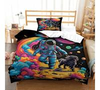 XPASHIQWC Astronaute Ensemble De Literie 3D Imprimé Microfibre Ultra Doux Walking Dog in Space Housse De Couette avec Fermeture Éclair Taie d'oreiller Cadeau Fête Single（135x200cm）