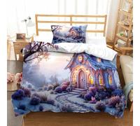 XPASHIQWC Cottage enneigé Housse De Couette 3D Imprimé Microfibre forêt Coucher du Soleil avec Fermeture Éclair Ensemble De Literie 3 Pièces pour Enfants Ados Adultes Single(135x200cm)
