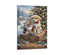 XPASHIQWC Golden Retriever et chat Murale Arbre de Noël Décoration Murale Image Sur Toile Tableau Impression Sur Toile Pour Chambre Et Couloir Premium 16x24inch(40x60cm)