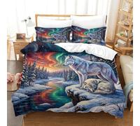 XPASHIQWC Loup Ensemble De Literie 3D Imprimé Microfibre Ultra Doux rivière enneigée Aurora Housse De Couette avec Fermeture Éclair Taie d'oreiller Cadeau Fête King（220x240cm）