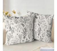 XPHZZL Lot de 2 housses de coussin 40 x 40 cm douces vert sauge pour canapé, lit, jardin, extérieur, décoration printanière, plante fleurie avec fermeture éclair invisible - Noir/blanc