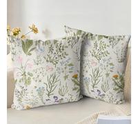 XPHZZL Lot de 2 housses de coussin 40 x 40 cm - Vert sauge douce - Fleurs sauvages - Pour canapé, lit, jardin, extérieur, décoration de printemps - Plante florale invisible