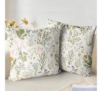 XPHZZL Lot de 2 housses de coussin 45 x 45 cm en peluche douce et courte, vert sauge, fleurs sauvages, pour canapé, lit, jardin, extérieur, décoration de printemps, plante florale invisible