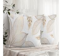 XPHZZL Lot de 2 housses de coussin décoratives douces à motif feuilles dorées pour canapé, lit, jardin, extérieur, décoration printanière avec fermeture éclair invisible 60 x 60 cm