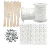 Xpieoyrm 2 Rouleaux Mèche de Bougie Coton, Kit de Mèches pour Bougies, avec 122m de mèche tressée, 100 pastilles adhésives, 200 pièces piètement en métal, et 10 Supports, pour Les Bougies DIY
