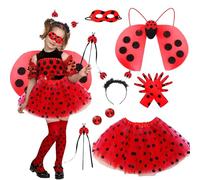 XPJBKC Coccinelle Costume, 8Pcs Costume Coccinelle Enfants, Ladybug Costume Fille avec Bandeau, Gants, Clips d'oreilles, Baguettes magiques, Masques, Ailes, Robes,pour Halloween Carnaval (5-10 ans)