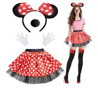 XPJBKC Costume de Minnie Mouse pour adulte, 5 pièces avec bandeau, oreilles, jupe tutu, gants, nez, chaussettes, déguisement de Minnie Mouse pour cosplay, Halloween, fête costumée