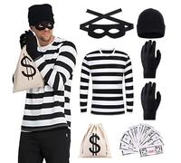 XPJBKC Costume Voleur Adulte, Costume de Voleur avec T-Shirt Rayé, Gants, Bonnet Tricoté, Cache-œil, Sac en Tissu, Billets de Banque, Costume Braqueur de Banque pour Carnaval, Halloween, Jeu de Rôle