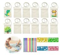 XPJBKC Lot de 12 sacs en tissu à peindre pour enfants avec fermeture éclair avec 12 crayons de couleur et 4 pochoirs de peinture, petits sacs en toile de jute à peindre pour cadeau scolaire, beige