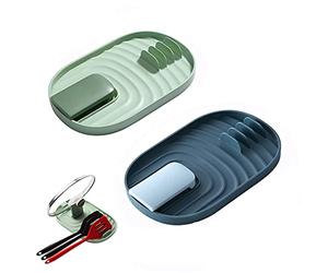 XPOOP Couvercle de Casserole et Porte-Cuillère 2 Pièces, Étagère à Ustensiles de Cuisine, Étagère à Plateau à Cuillères, Plateau à Couverts pour Éviter les Taches de Gouttes (Bleu et Vert)