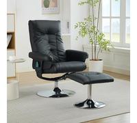 XPSSJMU Fauteuil de relaxation avec fonction allongée et massage à 5 points, fauteuil TV avec fonction chauffage électrique & tabouret, pivotant à 360 °, tissu PU noir