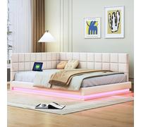 XPSSJMU Lit/canapé-lit rembourré 140 x 200 cm. Lit Multifonctionnel avec Bande Lumineuse, Prise électrique et sommier à Lattes. Revêtement en Velours Beige Doux pour la Peau.