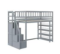 XPSSJMU Lit Mezzanine 90 x 200 cm, Conception sécurisée avec barrière de sécurité, penderie, étagères et Espace de Rangement, échelle d'accès sécurisée, lit Multifonctionnel en Bois Massif, Gris