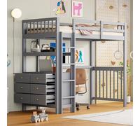 XPSSJMU Lit Mezzanine 90 x 200 cm, échelle de sécurité Verticale, tiroirs et étagères, barrière de sécurité Haute, sommier à Lattes, lit en pin, lit Simple en Bois Gris