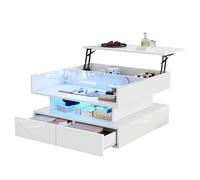 XPSSJMU Table Basse 80 x 80 x 45 cm, réglable en Hauteur, avec Rangement dissimulé et 2 tiroirs, Table d'appoint pour canapé, Table de Salon laquée Brillante, en Verre trempé Blanc.