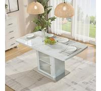 XPSSJMU Table de Salle à Manger rectangulaire Moderne Extensible de 120 à 160 cm, avec Plateau en marbre Blanc imprimé et Meuble de Rangement intégré. Pieds en métal.