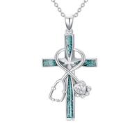 XPYPZP Collier stéthoscope pour femme, pendentif en forme de croix turquoise avec pierre de naissance d'avril, cadeau de semaine vétérinaire, bijou d'allaitement pour infirmière assistante