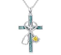 XPYPZP Collier stéthoscope pour femme, pendentif en forme de croix turquoise avec pierre de naissance de novembre, collier en citrine jaune, cadeau de semaine vétérinaire, bijou d'allaitement pour