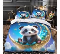 XQGASOEBN Cute Panda Moon Night Housse de Couette 3D Imprimé Microfibre Résistante 3 Pièces Taie Ultra Douce Coon Whimsical Fantasy Linge de Lit Léger Entretien Facile for Adulte Double（200x200cm）