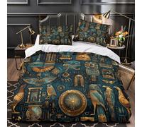XQGASOEBN Egyptian Symbols Parure Lit 3D Microfibre 3Pcs Douce Ancient Hieroglyph Housse Couette Hypoallergique Entretien Fac Enfants Garçons Filles Super King（260x220cm）