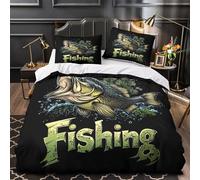 XQGASOEBN Fishing Bass Ensemble De Literie 3D Effet Microfibre Hypoallergique 3 Pièces 2xTaies Douce Outdoor Adventure Parure de Lit Ultra Douce Résistante for Hommes Enfants Single（135x200cm）