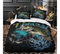 XQGASOEBN Fishing Bass Linge de Lit Microfibre Hypoallergique 3D Imprimée 3 Pièces Taie Ultra Douce Wild Fish Housse de Couette Confortable Résistante for Enfants Garçons Ado Single（135x200cm）