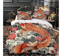 XQGASOEBN Koi Fish Linge de Lit 3D Imprimée Microfibre Hypoallergique 3 Pièces Éclair Super Douce Japanese Tattoo Parure de Lit Confortable Résistante for Garçon Super King（260x220cm）