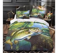 XQGASOEBN Largemouth Bass Housse de Couette Microfibre Hypoallergique 3D Effet 3 Pièces 2xTaies Ultra Douce Fishing Linge de Lit Léger Résistante for Les Enfants Single（135x200cm）