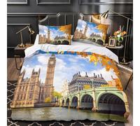 XQGASOEBN London Landmark Linge de Lit 3D Imprimée Microfibre 3 Pièces 2xTaies Douce Historic Architecture Housse de Couette Super Douce Résistante for Adulte Enfants Filles Single（135x200cm）