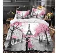 XQGASOEBN Paris Romance Linge de Lit 3D Effet Microfibre Résistante 3 Pièces 2xTaies Ultra Douce Watercolor Romantic Street Ensemble De Literie Hypoallergique Résistante for Femmes Single（135x200cm）