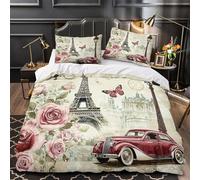 XQGASOEBN Paris Vintage Linge de Lit 3D Effet Microfibre Résistante 3 Pièces 2xTaies Ultra Douce Rétro Parisian Ensemble De Literie Hypoallergique Résistante for Femmes King（220x240cm）