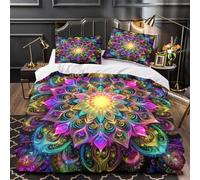 XQGASOEBN Psychedelic Mandala Ensemble De Literie 3D Effet Microfibre Résistante 3 Pièces 2 Taies Super Douce Coloré Fractal Parure de Lit Respirante Entretien Facile for Femmes Single（135x200cm）