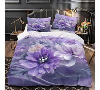 XQGASOEBN PurpleFloral Ensemble De Literie Microfibre Hypoallergique 3D Effet 3 Pièces 2 Taies Douce DigitalPainting Parure de Lit Confortable Résistante for Femmes Double（200x200cm）