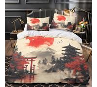 XQGASOEBN Rouge Sun Rising Ensemble De Literie 3D Imprimée Microfibre Hypoallergique 3 Pièces Éclair Douce Japanese Housse de Couette Léger Entretien Facile for Adultes Enfants Super King（260x220cm）