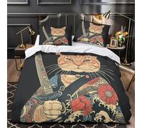 XQGASOEBN Samurai Chat Tattoo Ensemble De Literie 3D Effet Microfibre 3 Pièces Taie Super Douce Japanese Housse de Couette Respirante Résistante for Garçon Super King（260x220cm）