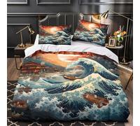 XQGASOEBN Vague Ensemble De Literie 3D Effet Microfibre 3 Pièces 2 Taies Douce Confortable Japanese Linge de Lit Respirante Résistante for Adolescent Super King（260x220cm）