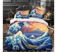 XQGASOEBN Vague Ensemble De Literie 3D Effet Microfibre 3 Pièces 2xTaies Ultra Douce Japanese Ukiyoe Housse de Couette Respirante Hypoallergique for Hommes Single（135x200cm）