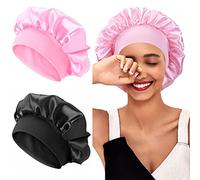 XRACEPHOL Lot de 2 bourgeons de sommeil en satin pour femme noire - Bonnet de sommeil en satin respirant - Large bande élastique - Bonnet de sommeil - Capo de sommeil (noir + rose)