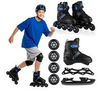 Xride Patins à roulettes 4 en 1 pour enfants, réglables, avec patins à glace, roulements à billes ABEC-7, roues en polyuréthane, taille réglable - Noir et bleu