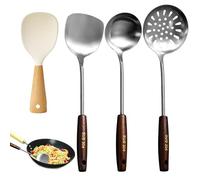 XRPRPX Ensemble de Spatules et Louches pour Wok, Spatule Wok, Louche et Écumoire avec Long Manche en Bois, 3PCS Ustensiles de Cuisine en Acier Inoxydable 304 avec 1 Cuillère à Riz Debout en Silicone