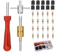 Xrten 33Pcs Demonte Obus Valve Kit D'outils Réparation, Extracteurs de Noyau de Valve à Double et à Une Tête + 1 Outil de Valve 4 Voies + 10 Capuchons de Valve de Pneu + 20 Valve Core